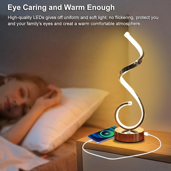 Modern Spiral LED Table Lamp Set of 2, 10W Touch Control Table Lamp with USB Charging Ports, Dimmable 3 Color Modes Bedside Nightstand Desk Lamp Light for Bedroom, Living Room, Office -Silver