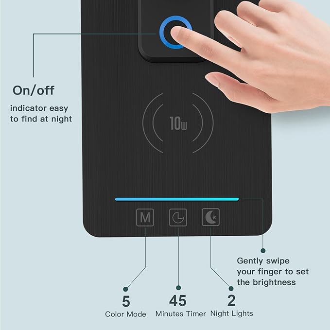 LAOPAO LED Desk Lamp with Wireless Charger: Desk Lamps for Home Office Bedroom, 5 Color Modes & Brightness Dimmable, 2 Night Light