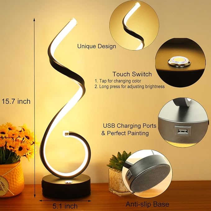 Modern Spiral LED Table Lamp Set of 2, 10W Touch Control Table Lamp with USB Charging Ports, Dimmable 3 Color Modes Bedside Nightstand Desk Lamp Light for Bedroom, Living Room, Office -Black