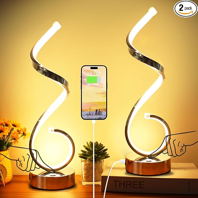 Modern Spiral LED Table Lamp Set of 2, 10W Touch Control Table Lamp with USB Charging Ports, Dimmable 3 Color Modes Bedside Nightstand Desk Lamp Light for Bedroom, Living Room, Office -Silver