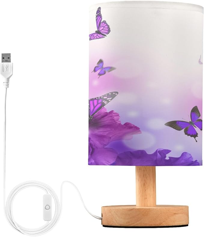 senya Table Lamp Bedside Lamps for Bedroom Nightstand Lamp with USB C Charging Ports and AC Outlet Purple Butterfly Flowers for Living Room Office Desk