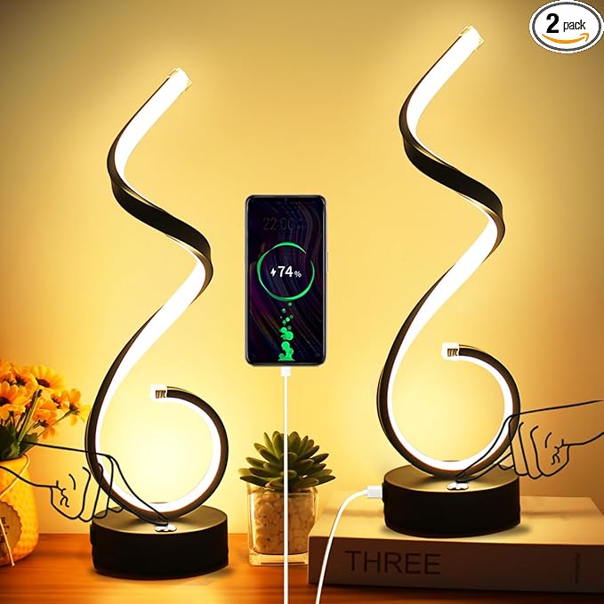 Modern Spiral LED Table Lamp Set of 2, 10W Touch Control Table Lamp with USB Charging Ports, Dimmable 3 Color Modes Bedside Nightstand Desk Lamp Light for Bedroom, Living Room, Office -Black