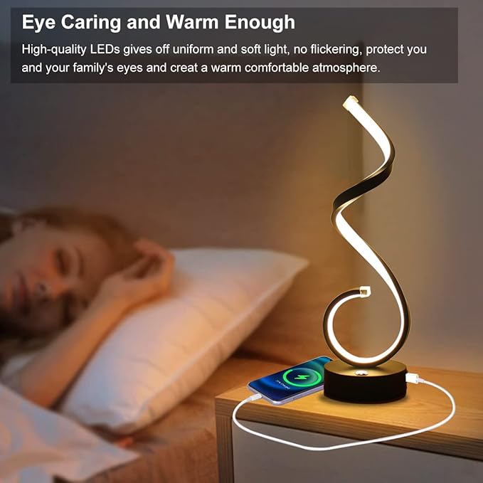 Modern Spiral LED Table Lamp Set of 2, 10W Touch Control Table Lamp with USB Charging Ports, Dimmable 3 Color Modes Bedside Nightstand Desk Lamp Light for Bedroom, Living Room, Office -Black