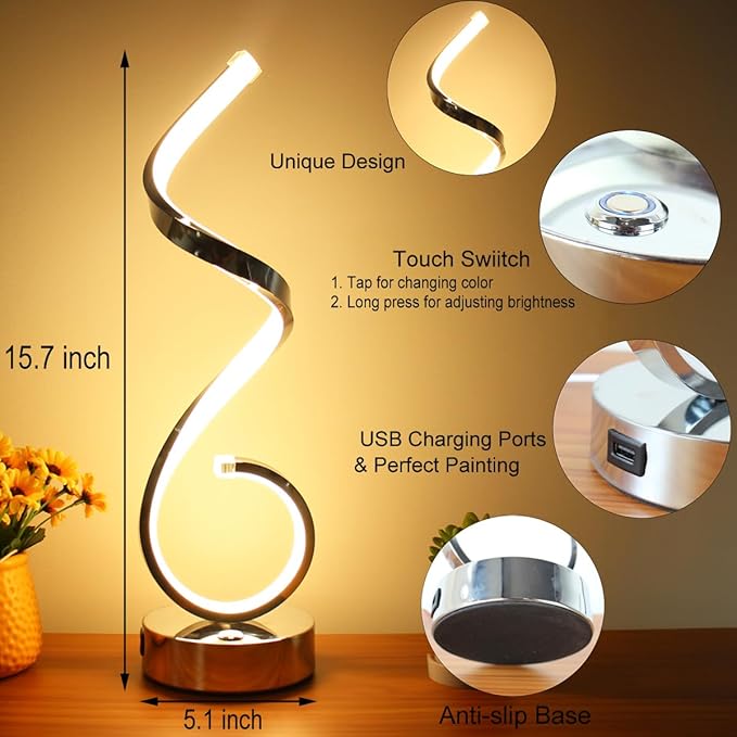 Modern Spiral LED Table Lamp Set of 2, 10W Touch Control Table Lamp with USB Charging Ports, Dimmable 3 Color Modes Bedside Nightstand Desk Lamp Light for Bedroom, Living Room, Office -Silver