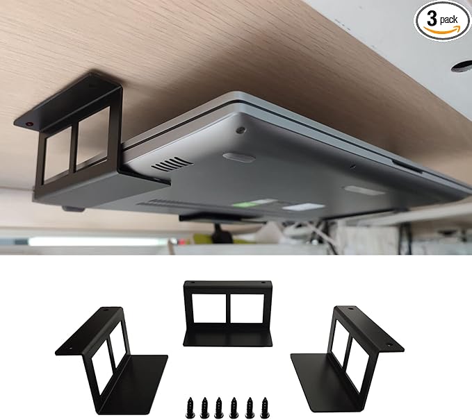 PIAOLGYI Under Desk Laptop Holder Mount with Screw,Bracket Devices Upto 1.9" Under Desk Mount for PS4,Cable Box,MacBook,Laptop & More（3 Pcs）