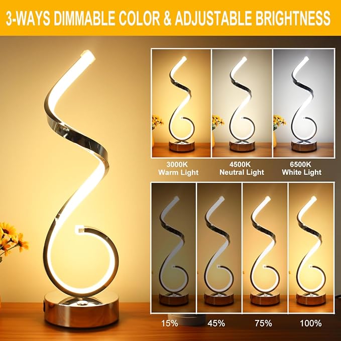 Modern Spiral LED Table Lamp Set of 2, 10W Touch Control Table Lamp with USB Charging Ports, Dimmable 3 Color Modes Bedside Nightstand Desk Lamp Light for Bedroom, Living Room, Office -Silver