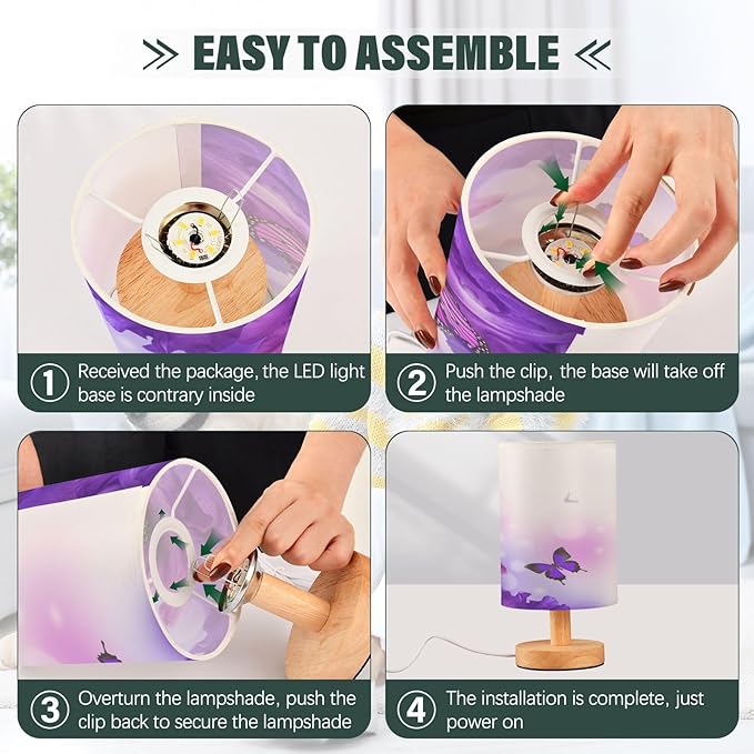 senya Table Lamp Bedside Lamps for Bedroom Nightstand Lamp with USB C Charging Ports and AC Outlet Purple Butterfly Flowers for Living Room Office Desk