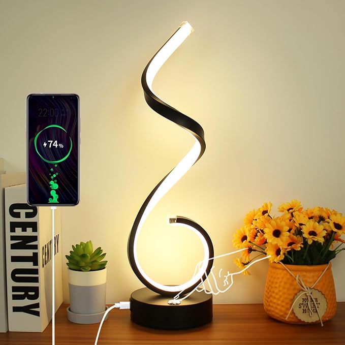 Modern Spiral LED Table Lamp for Bedroom, Bedside Lamps with USB Charging Ports, Dimmable Side Table Lamp Touch Lamps for Nightstand, 3 Colors Modes Desk Lamps for Living Room, Office - Black