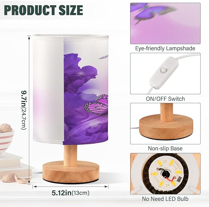 senya Table Lamp Bedside Lamps for Bedroom Nightstand Lamp with USB C Charging Ports and AC Outlet Purple Butterfly Flowers for Living Room Office Desk