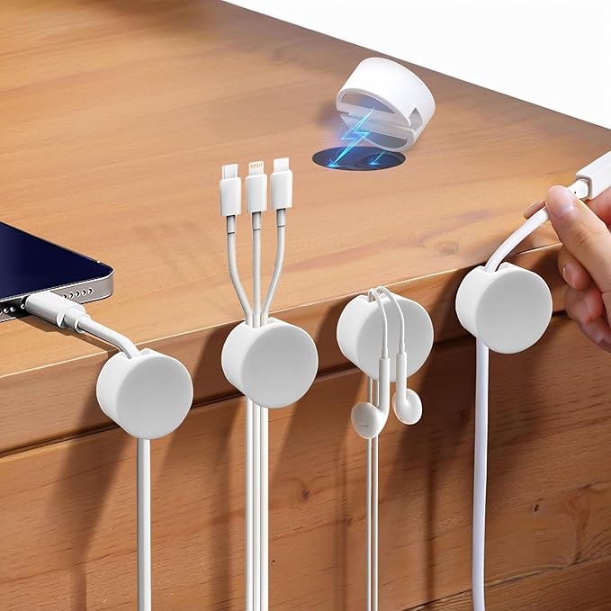 Maveek Magnetic Cable Clips White, Cord Organizer Magnet Silicone Cord Management Charging Cable Holder for Metal Desk, File Cabinet, Home and Office, with Extra Adhesive Plates (5 Piece, Large Size)