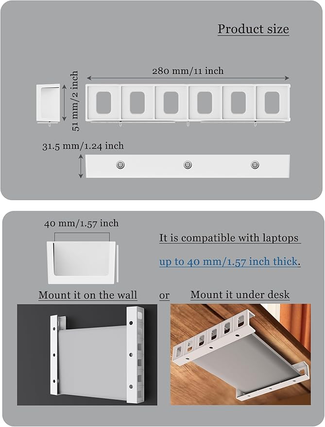 Under Desk Mount Holder or Wall Mount, Fit for Laptop, Keyboard, Routers, Modems, Cable Box, Network Switch and Devices Up to 40mm/1.57in Thick (White)