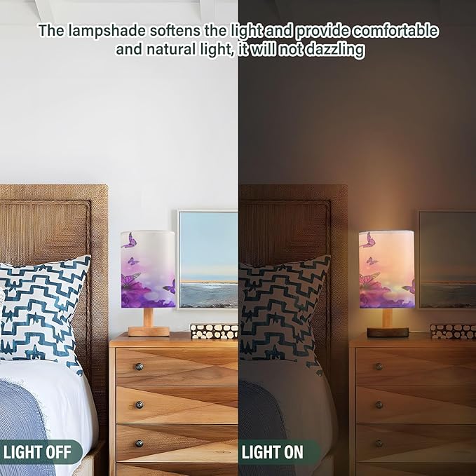 senya Table Lamp Bedside Lamps for Bedroom Nightstand Lamp with USB C Charging Ports and AC Outlet Purple Butterfly Flowers for Living Room Office Desk